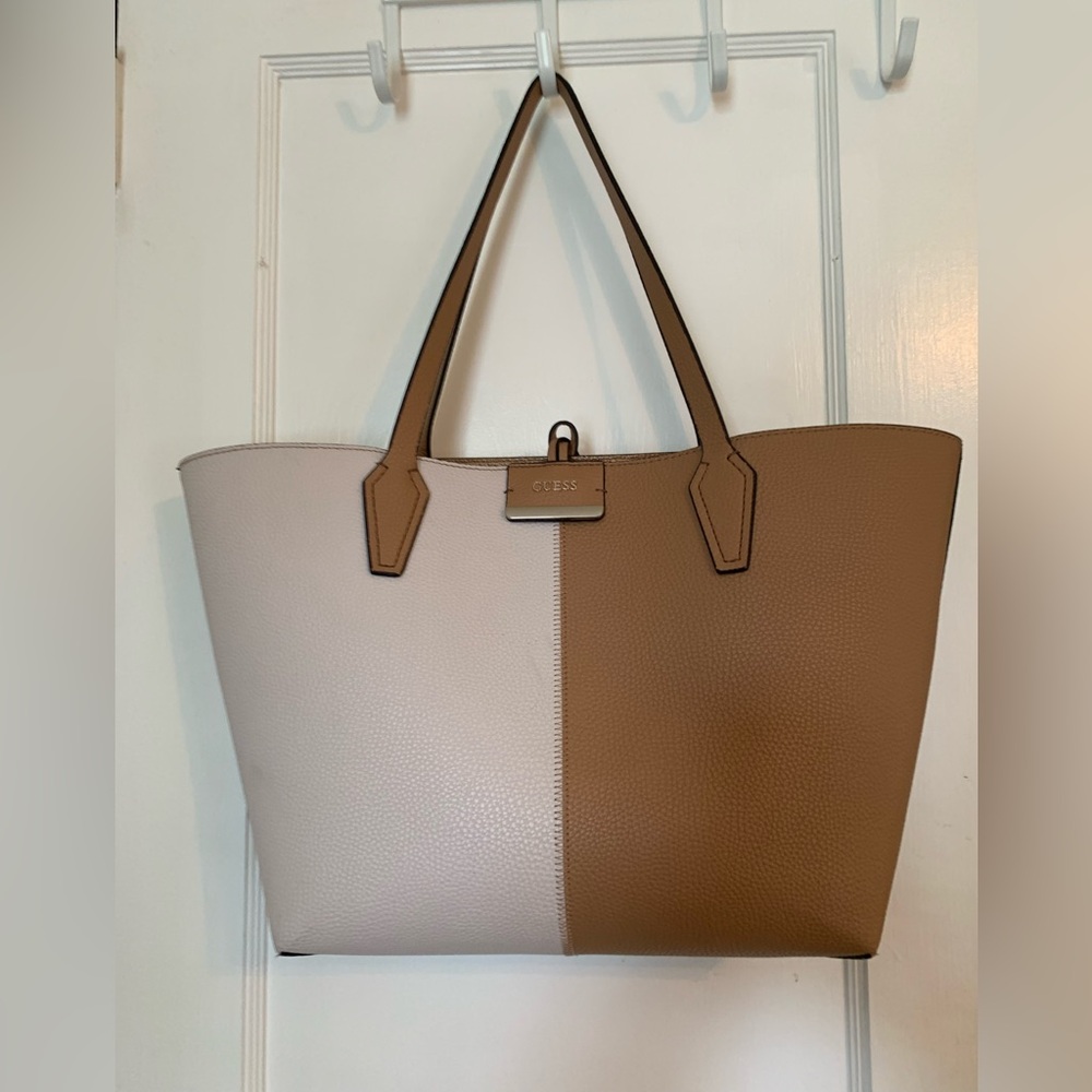 Guess Tan and cream color block reversible to gold tote